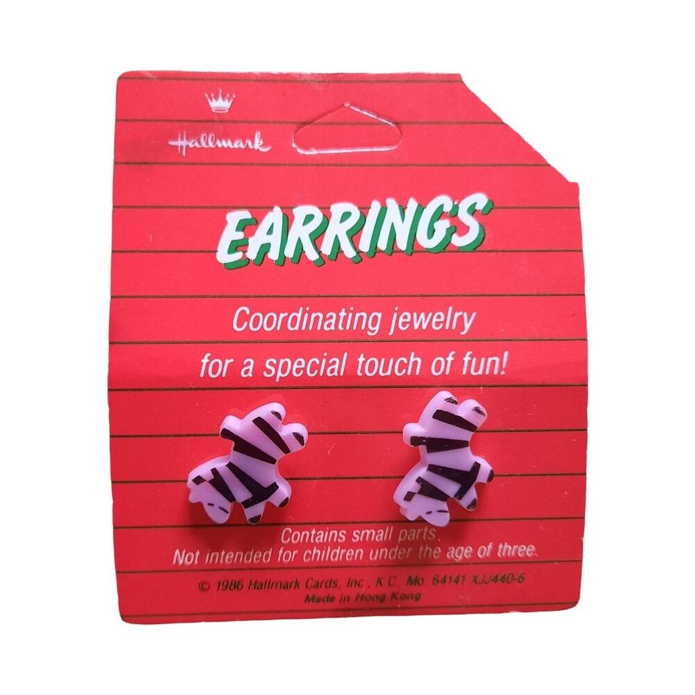 Hallmark Pink and Black Zebra Teddy Bear Stud Earrings